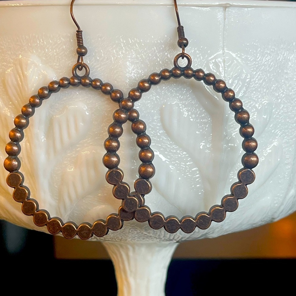 Copper color round dangle earrings 2.5”